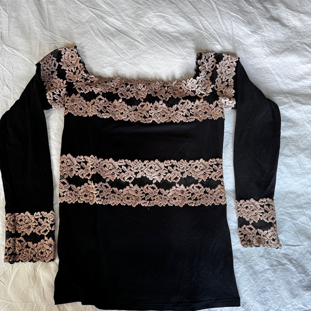 Intimissimi Black Tan Embellished Ruffled Blouse